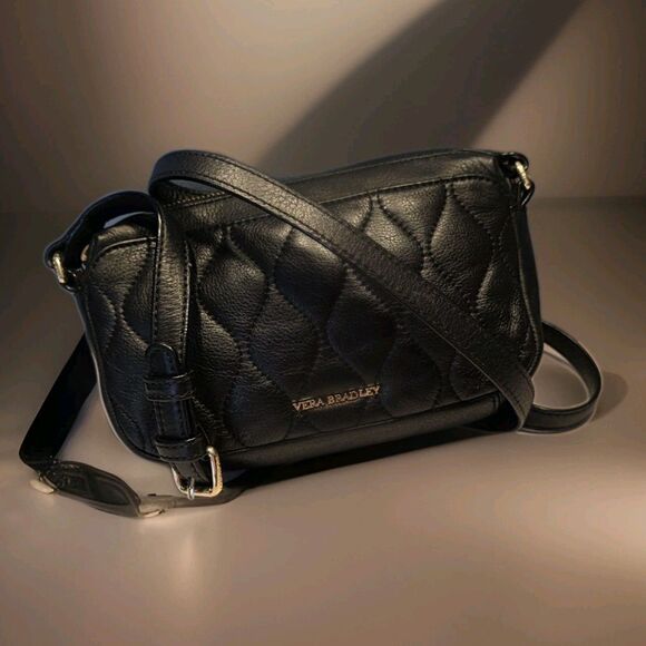 Vera Bradley Handbags - VERA BRADLEY Sycamore Leather Sydney Crossbody Black Quilted